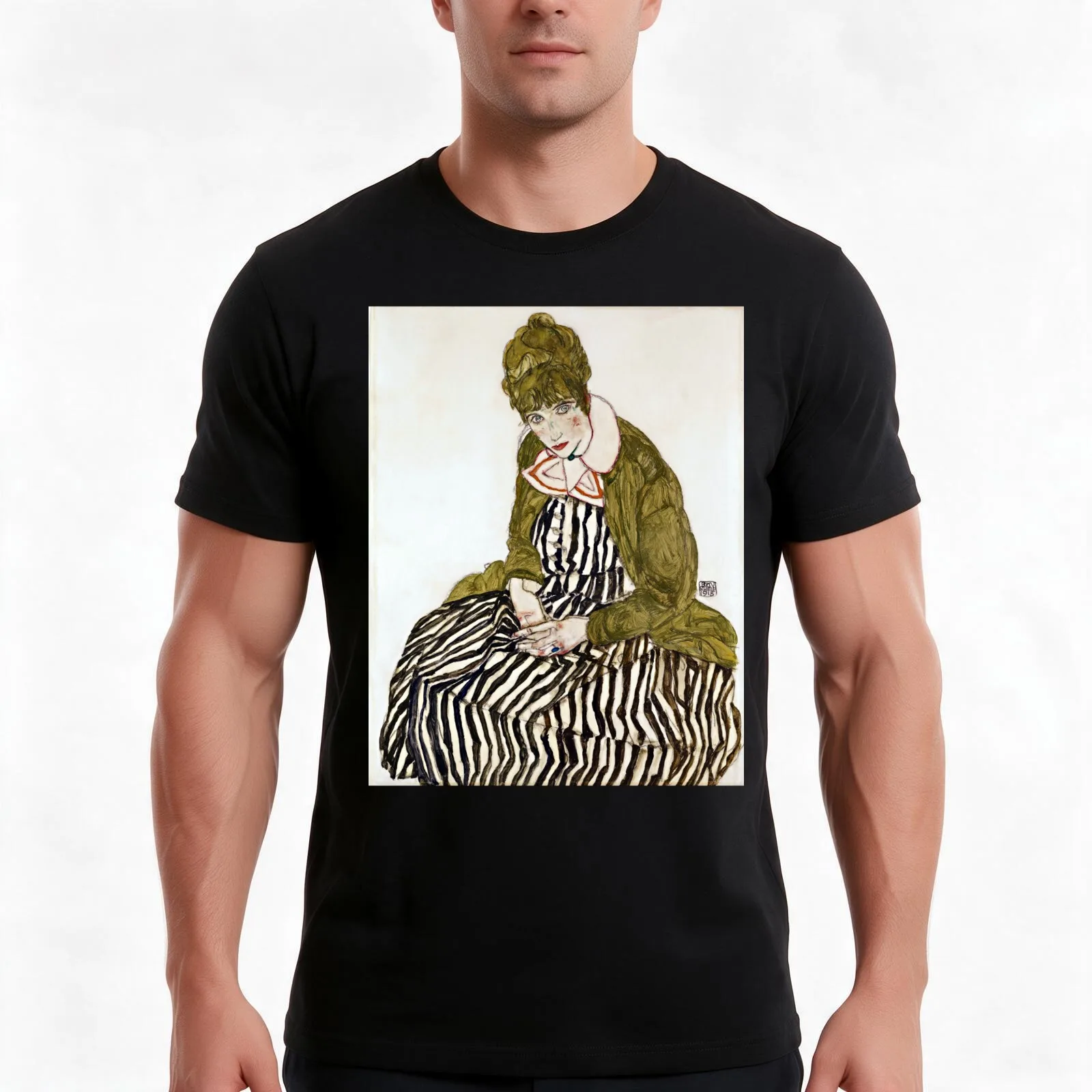 Egon Schiele Edith with Striped Dress, Sitting T-Shirt, Summer Casual Cotton Tee, Oversized Streetwear Tops, Unisex Men Women