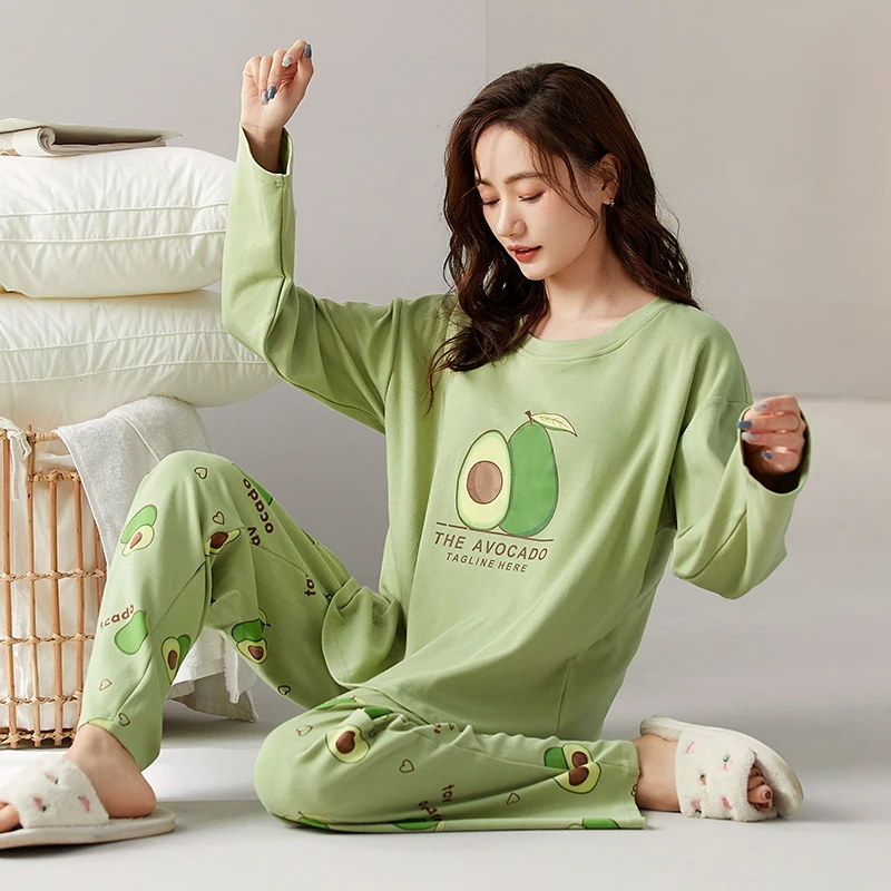 100% Cottton Women Pajamas Set Spring and Autumn Long Sleeve Leisure Pijamas With Chest Pad