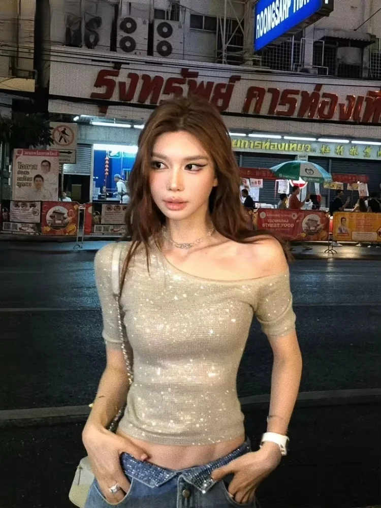 Women T Shirts Sexy Hot Drill Short Sleeve Summer Fashion Diagonal Collar Slim Vintage Grunge Ladies Party Clubwear