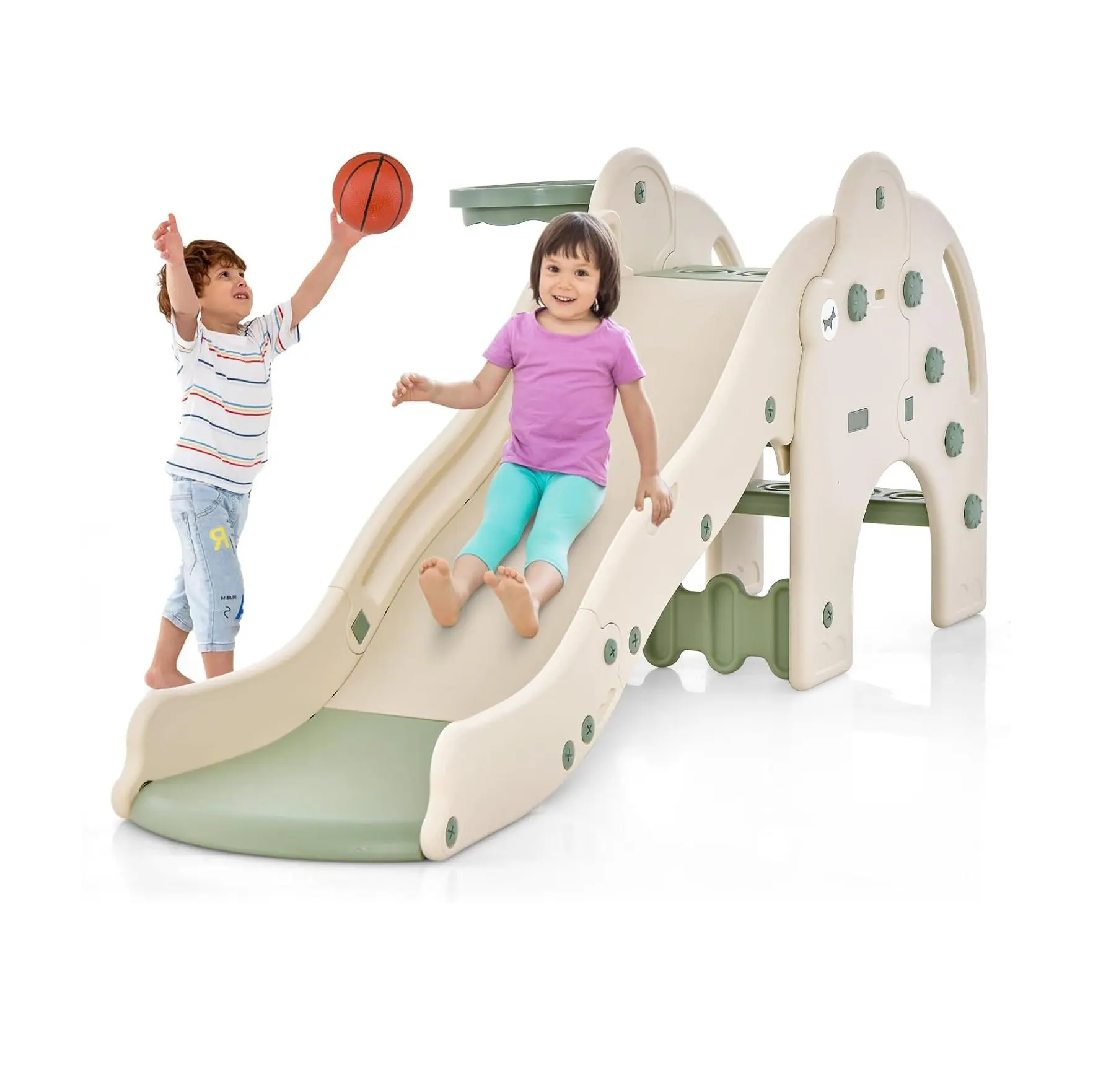 GOFLAME Outdoor-Rutsche, 4-in-1 Kinderrutsche mit Tunnel, Basketballkorb und Leiter, Elefanten-Kinderrutsche für Kinder ab 18 Monaten