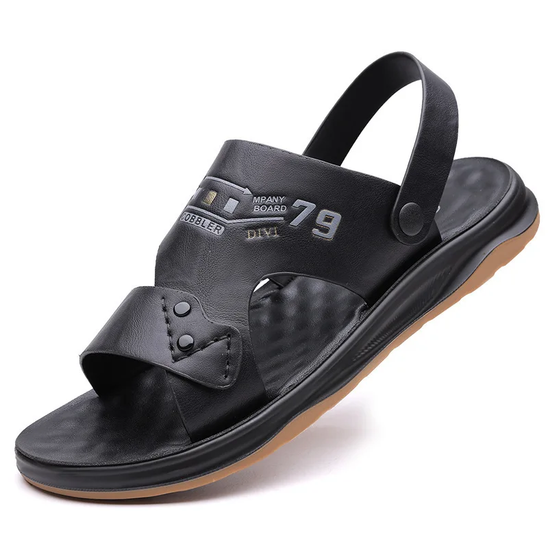 

Two Wear Leather Sandals Shoes for Men Summer New Fashion Casual Slippers Male Beef Tendon Bottom Beach Shoes Man