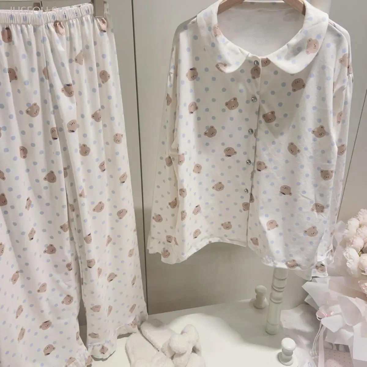 Women Autumn Winter Double Sided Fleece Pajama Set, Dotted Bear Print Thick Dralon Cartoon Loungewear, Ladies Warm Home Wear