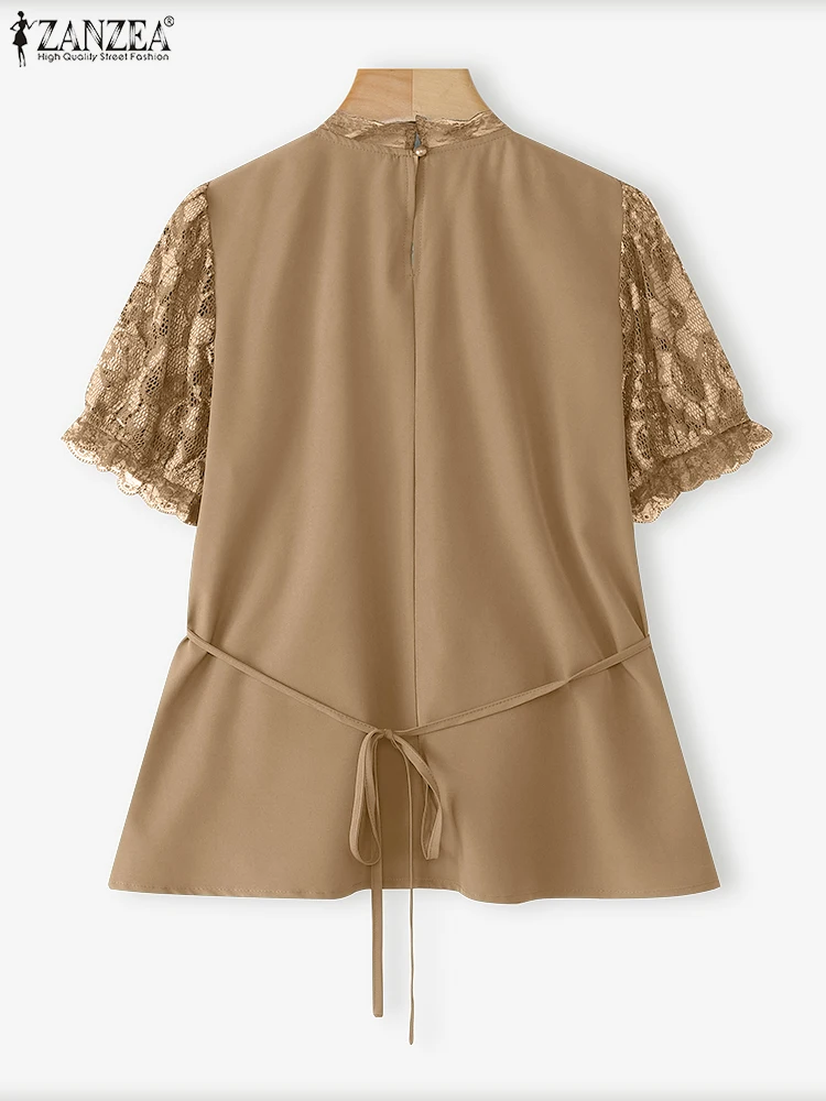 ZANZEA 2025 夏トップス エレガント OL ブラウス レディース チュニック ファッション 半袖 花柄 レース シャツ バンドゥ カジュアル オフィスレディ ブラウス