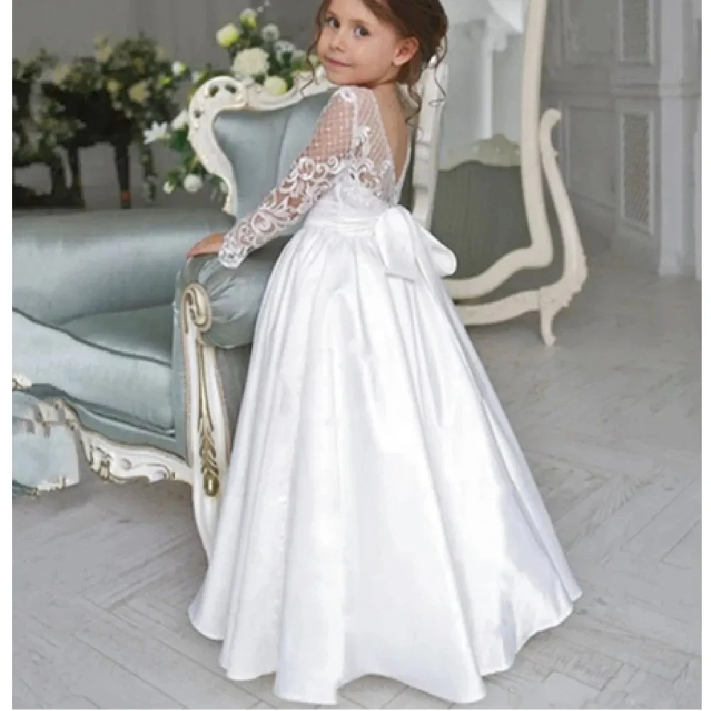 Robe de demoiselle d'honneur princesse pour mariage, satin blanc, dos en V, dentelle, tulle, manches longues, robe de première communion pour enfants, robe de Rh, peu importe