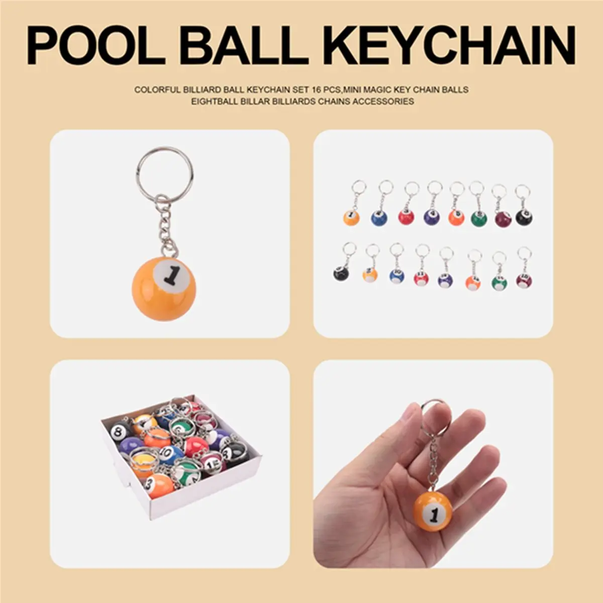 maiABIY Colorful Billiard Ball Keychain Set 16 Pcs,Mini Magic Key Chain Balls Eightball Billar Billiards Chains Accessories