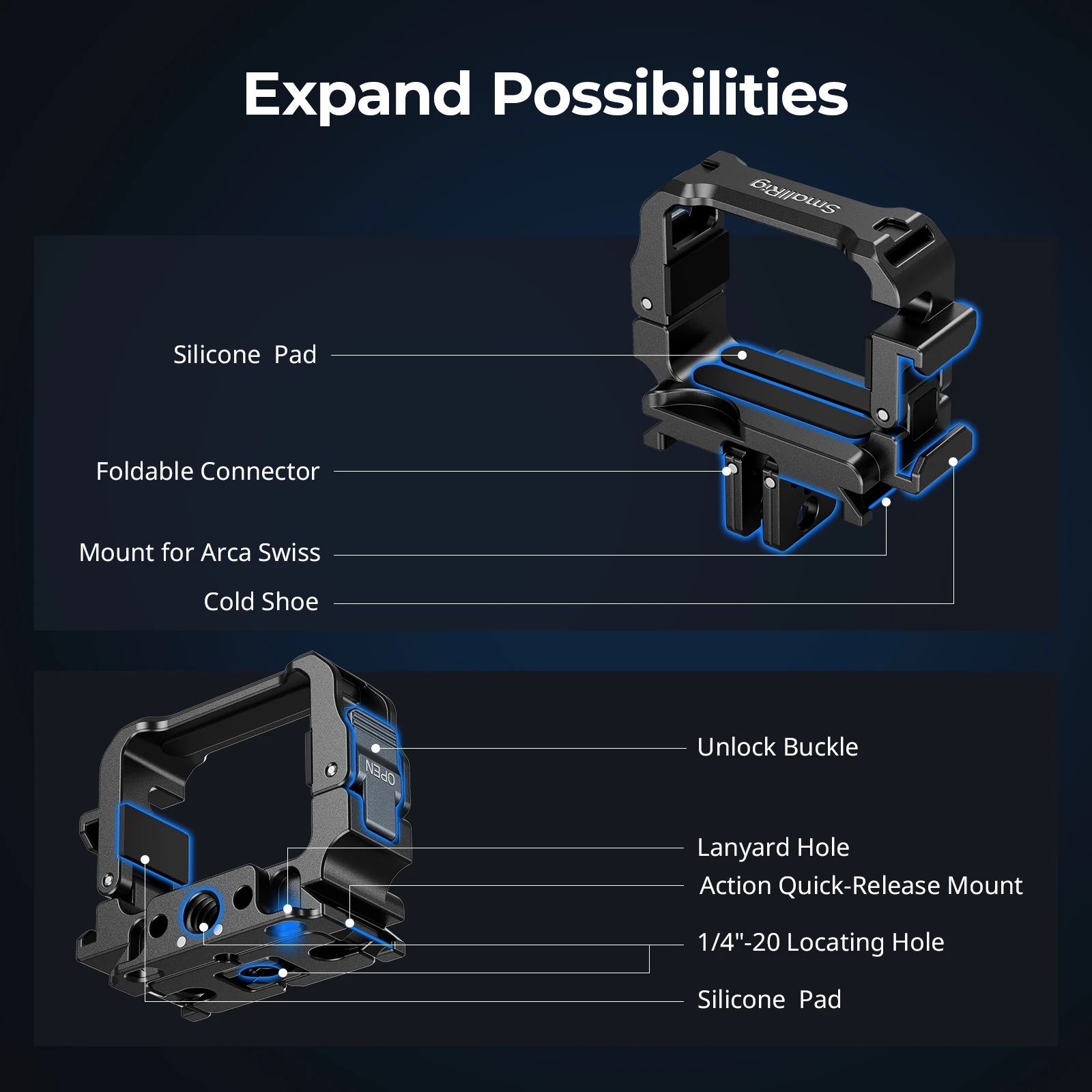 Adapter SmallRig Pocket 3 Cage do DJI Osmo Pocket 3 z zimną stopką do kijów do selfie, mocowania na szyję, szybkozłączki, głowice pan-tilt — zdjęcie produktu 4