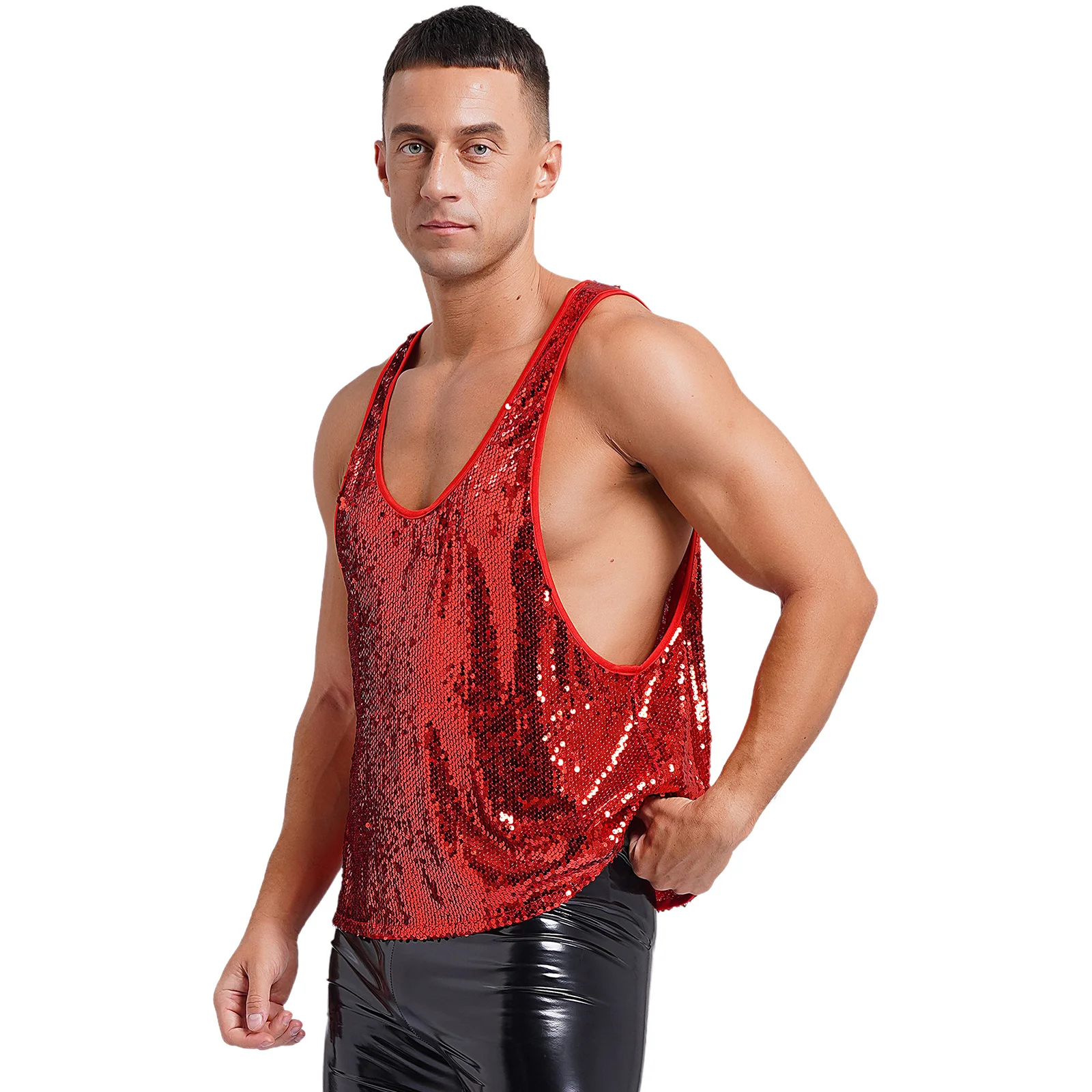 Mens Glitter Sequin Dance Vest Tank Top Smooth Lining Waistcoat Shiny Top Disco Club Dancing Party Performance Fashion Costume