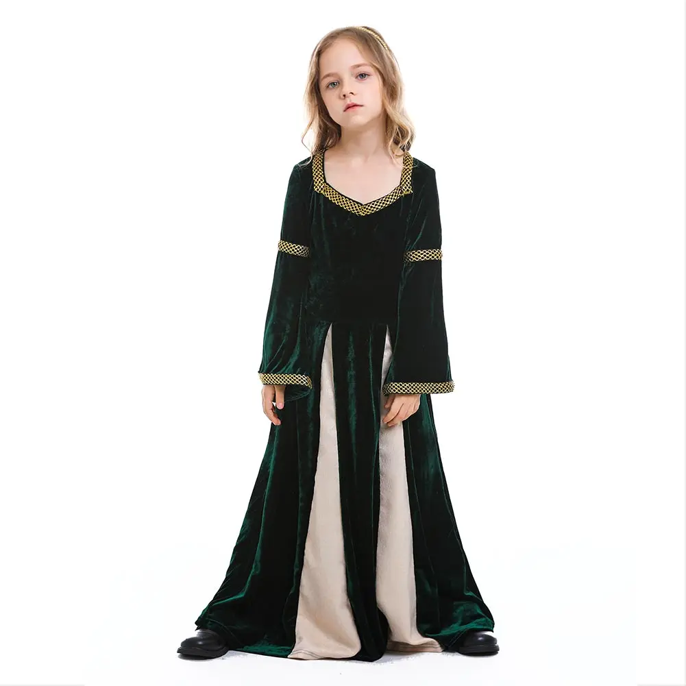 Costume de princesse de la Renaissance médiévale pour enfants, robe balançoire, robe de vampire, vert, costume d'Halloween et de carnaval