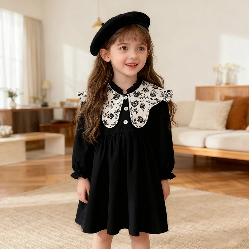2026 Spring 2-6Yrs Girl Party Princess Dress New Long Sleeved Children Retro Kids Cotton Dress European American Style Clothes