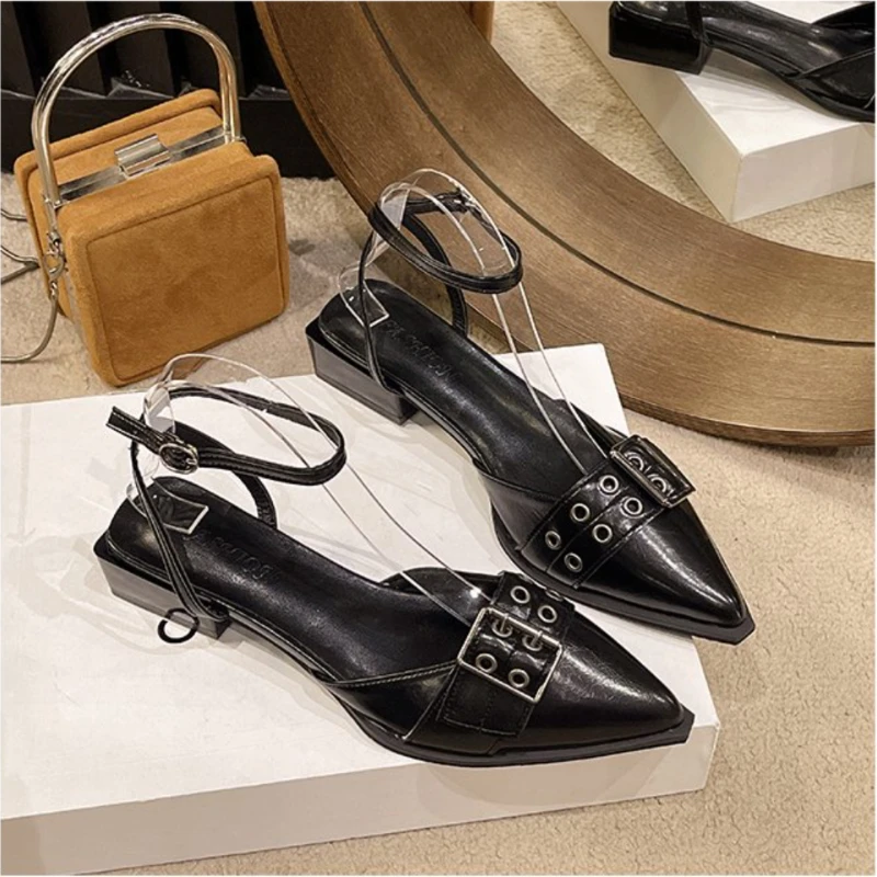 Female Pointed Toe Footwear Ankle Strap Ladies Medium Heels Shoes Shallow New 2024 Fashion Buckle Women 4cm Heels Pumps Shoes