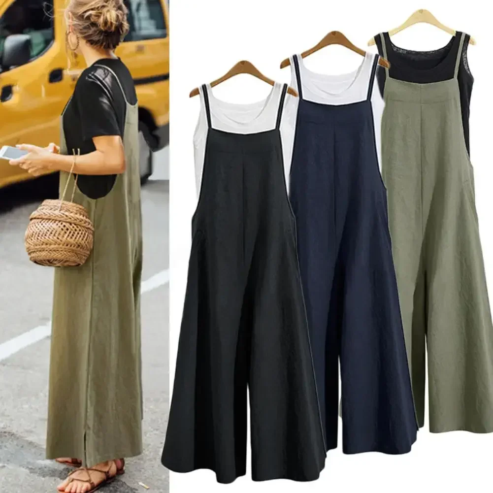 

ANLYXI S-5XL Solid Color Women Loose Jumpsuits Casual Sleeveless Long Jumpsuit Overalls Female Cotton Flared Pants Summer