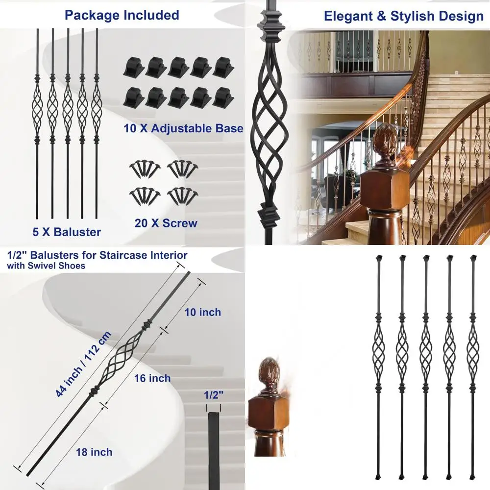 

Набор из 5 полых квадратных железных балясин, 1/2 x 44 для внутренней лестницы, с 10 поворотными башмаками для простой установки