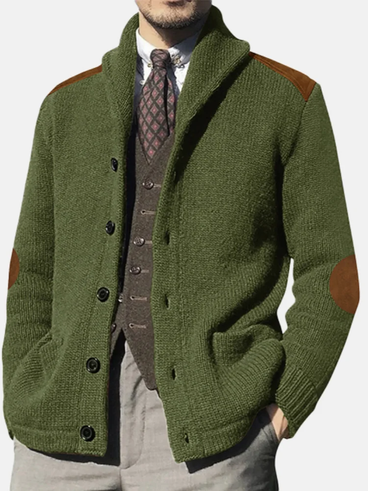 Men's Black Chunky Knit Cardigan Shawl Collar Slim Fit Vintage Casual Coat