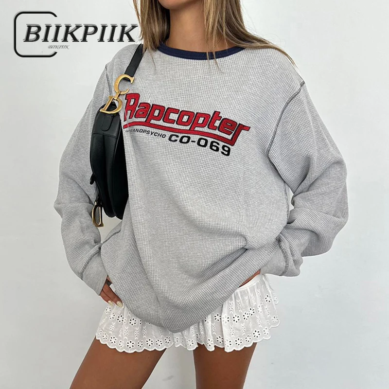 Biikpiik casual carta solta hoodies streetwear o pescoço camisolas de grandes dimensões para mulheres moda all-match outono inverno pullovers