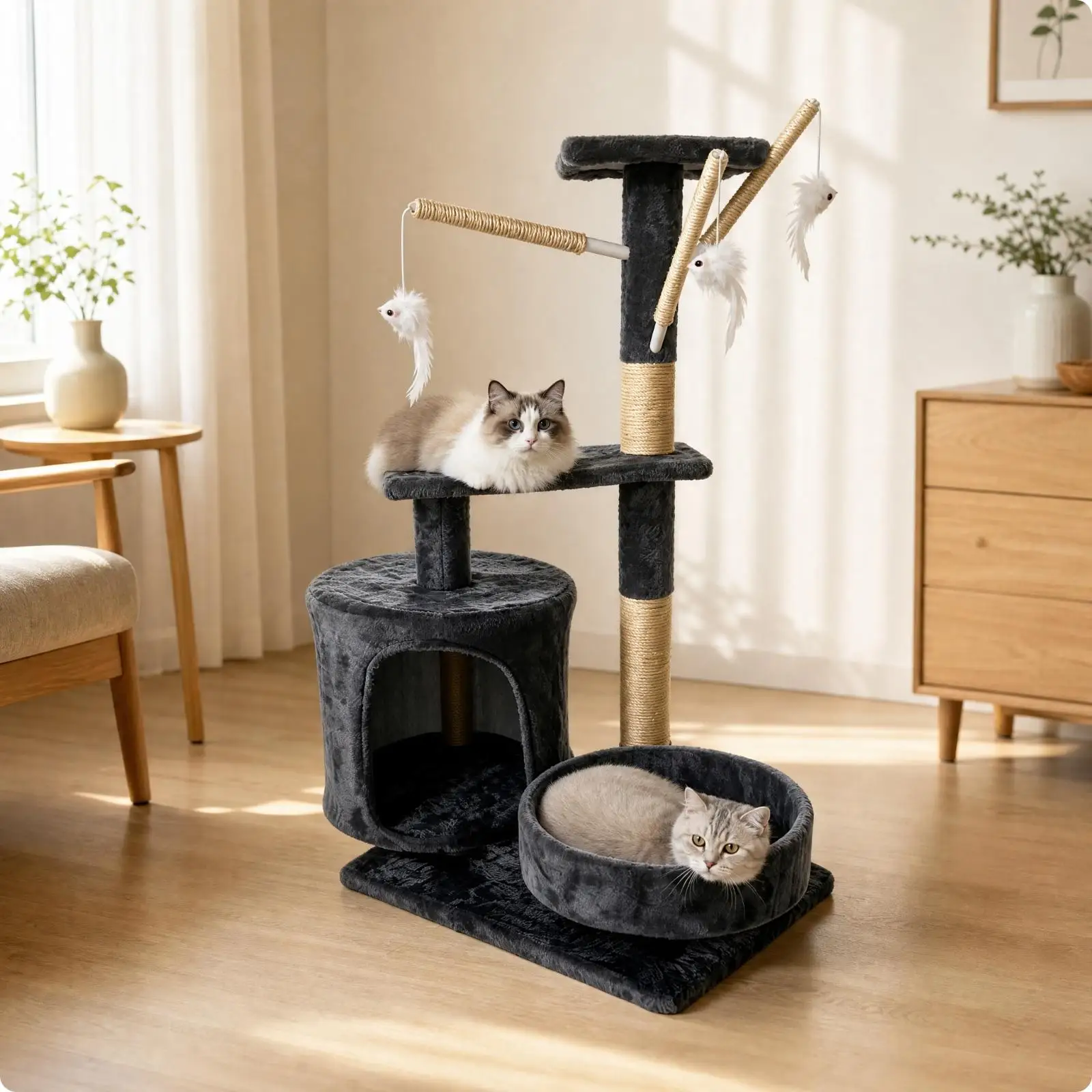 Cute Cat Climbing Structure with Rectangular Base and Round Bed for Small Pets