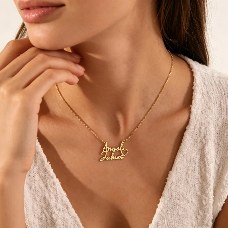 Personalized Two Name Necklace Custom Script Name Pendant Necklace Gold Color Custom Heart Nameplate Jewelry Gift for Women