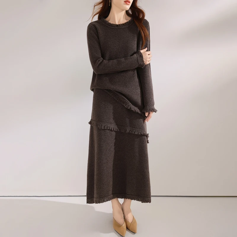 Autumn And Winter 100% Pure Wool Knitted Suit Women's Round Neck Pullover New Skirt Two-Piece Thickened