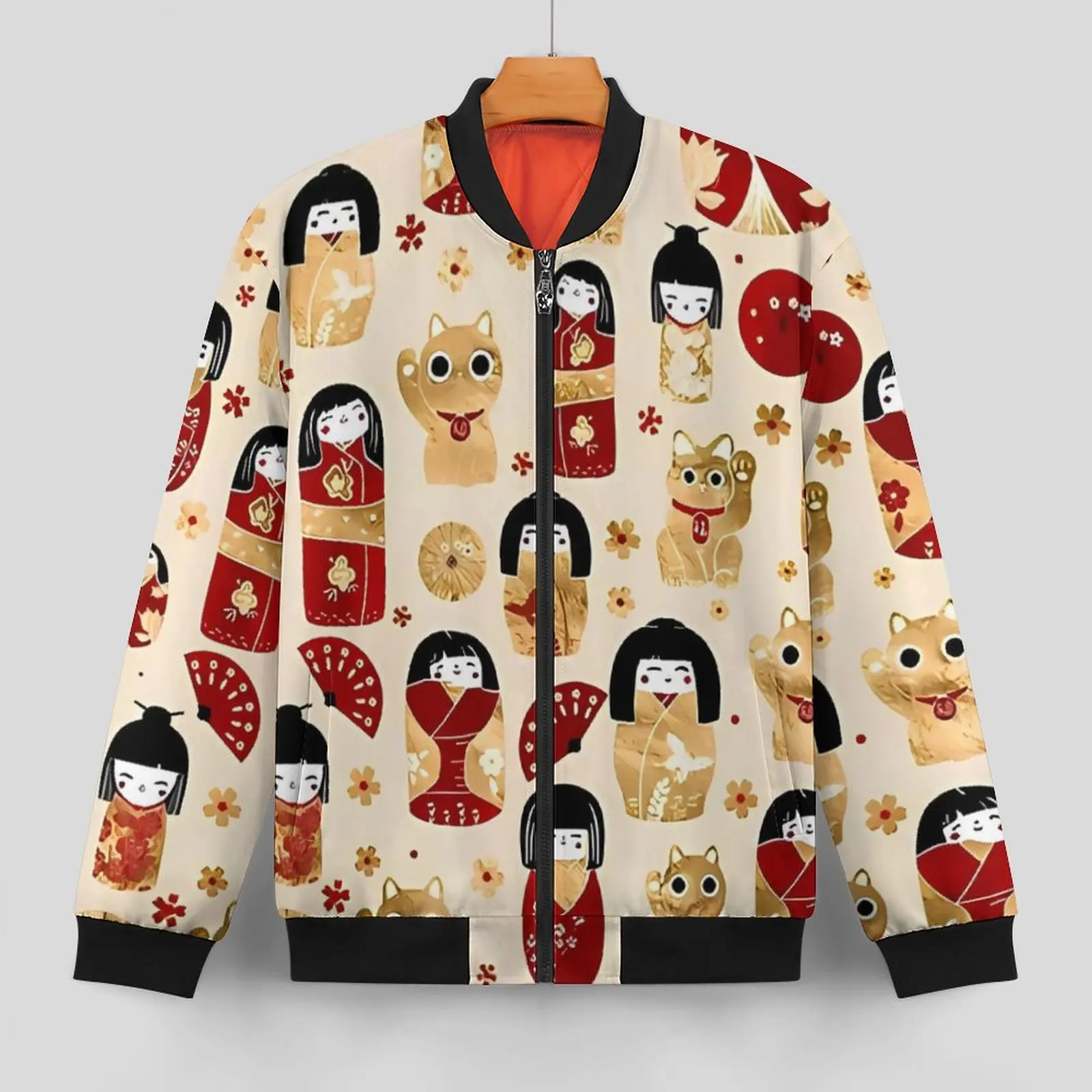 Japanese Dolls Jackets Men Kokeshi and Maneki Neko Cats Autumn Coats Streetwear Hooded Casual Windbreak Design Outerwear Jacket