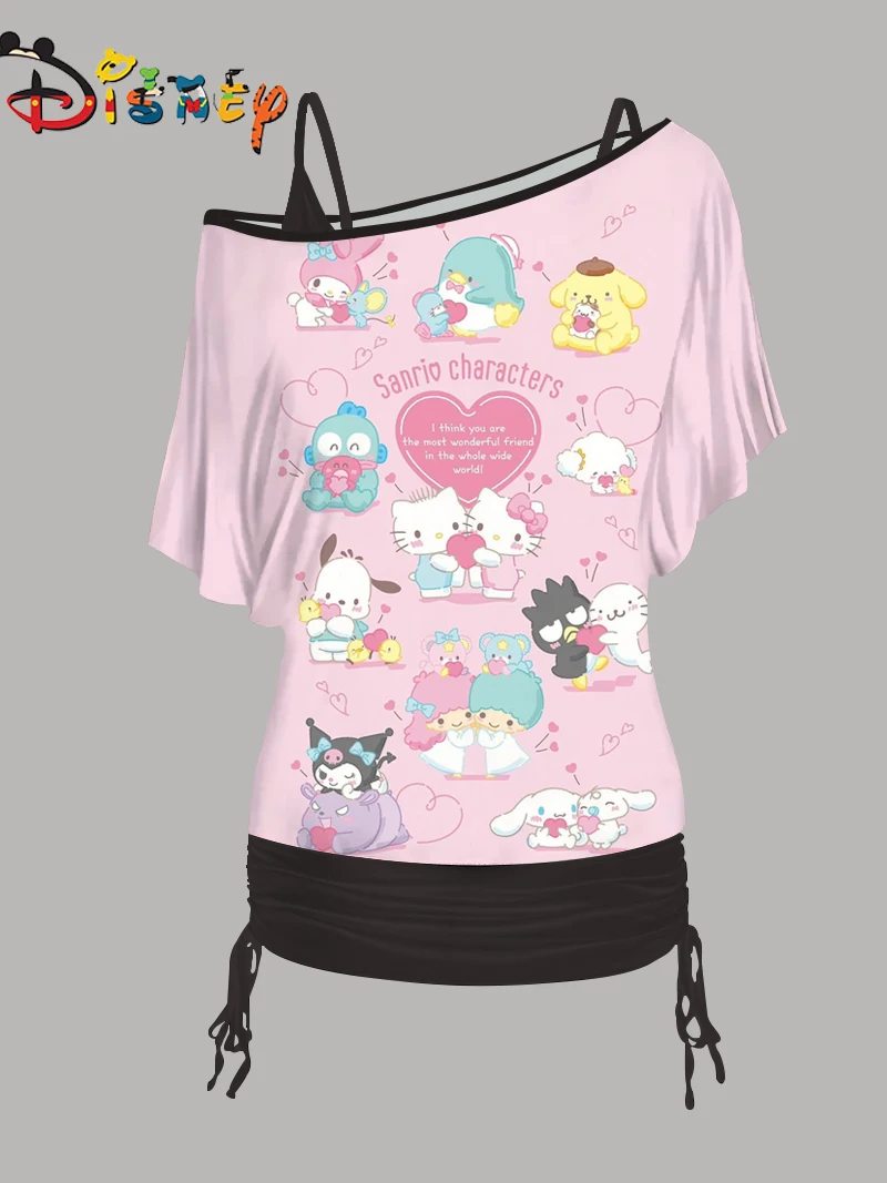 Sexy Elegante Dames Sets Tops Vrouw Kleding Hello Kitty Jurk Een Schouder Mouw Mini Rok Disney T-Shirt Tweedelige Set Set