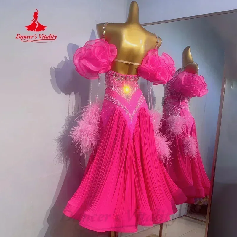 Ballroom Dancing Performance Costume Women Customized High-end Luxury Feather Rhinestone Dress Modern Dance Competition Dresses