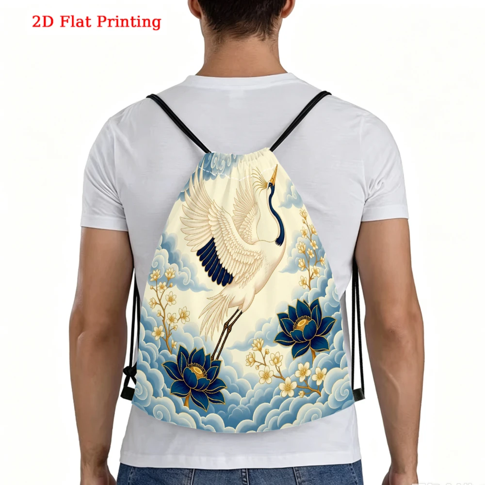 Chinese Style Crane And Lotus 2D Flat Print Drawstring Backpack For Fitness Sports Outdoor Travel