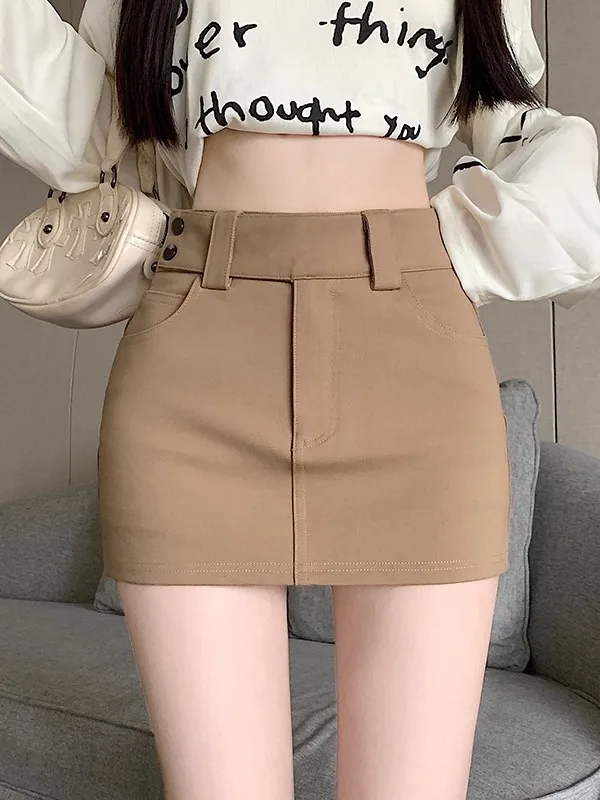 

Ретро-юбка-костюм цвета хаки для женщин, осенне-зимняя, короткая, А-силуэт, с высокой талией, эластичная, облегающая, для молодых женщин