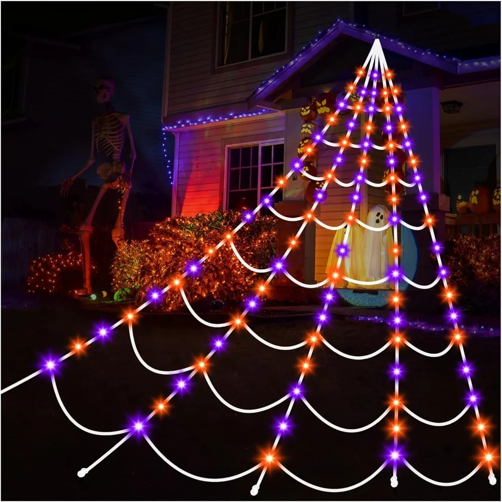 

Halloween Decorations Outdoor Spiders Web Lights: 150 Purple & Orange LED Light Decor, 17.4Ft Giant Spiderweb