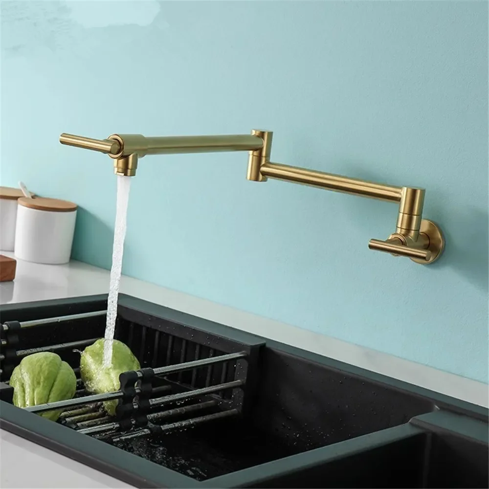 Tuqiu Rose Gold Pot Filler Tap Wall Mounted Foldable Kitchen Faucet Single Cold Sink Tap Rotate Folding Spout Chrome Gold Brass