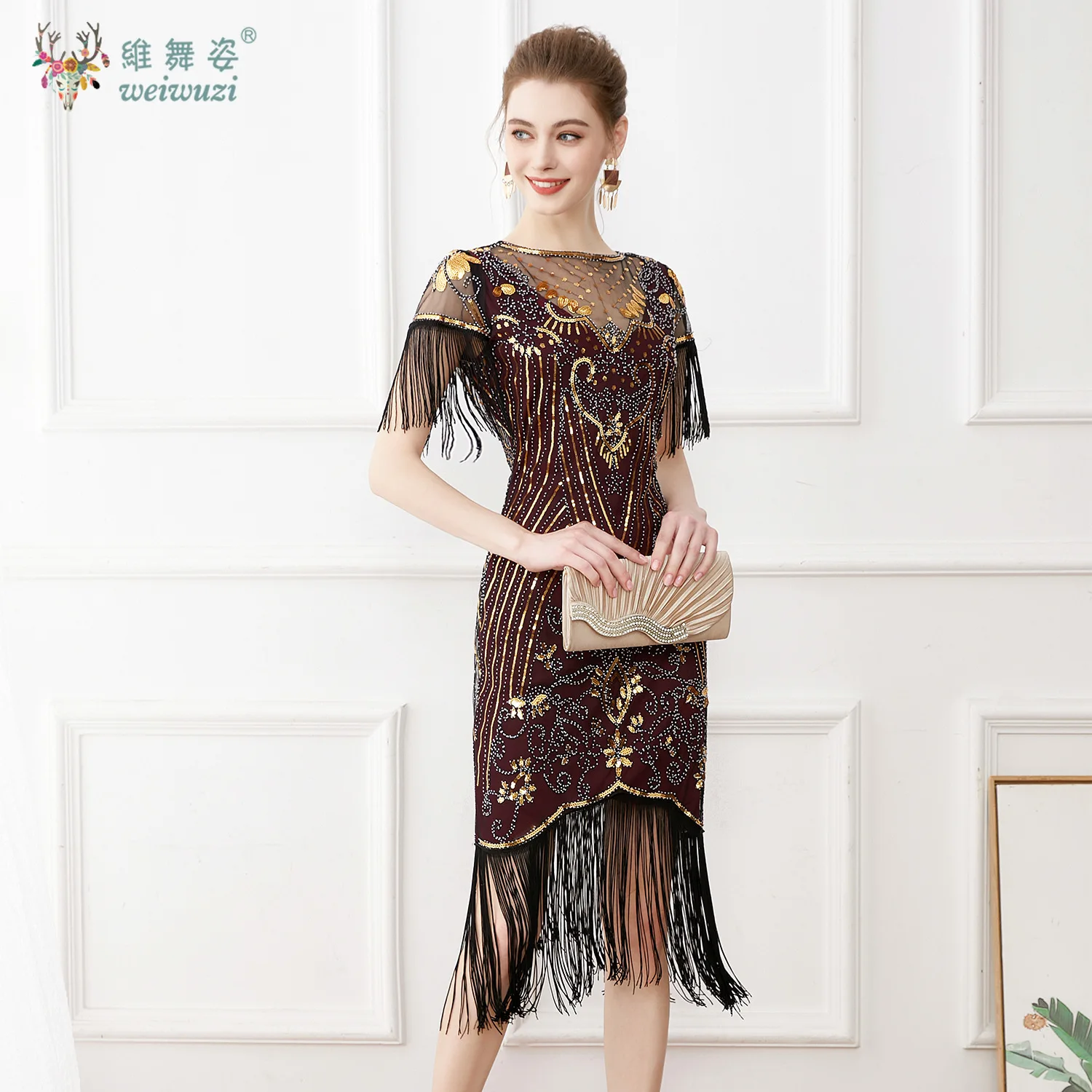 빈티지 볼 플러스 사이즈 슬림 피트 스팽글 스터드 메쉬 딥 브이넥 드레스 자수 태슬 반팔 드레스 칵테일 파티