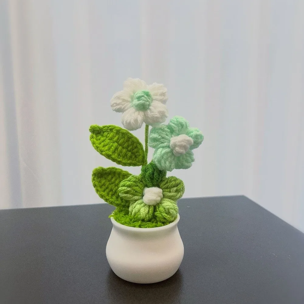 New Mini Crochet Flower Potted DIY Handwoven Crochet Potted Rose Flower Woolen Thread Finished Product Office Desktop