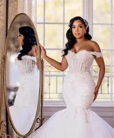 Customized African Elegant Mermaid Wedding Dresses vestidos para mujer Off Shoulder Lace Applique Sweep Train Beaded Bridal Gown - Image 2