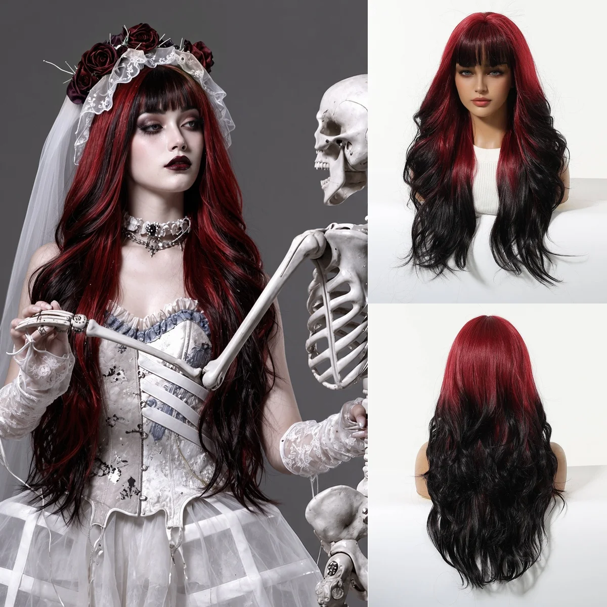 Dark Red Highlight Long Curly Wig With Bangs Heat Resistant Fiber Hair Vampire Bride Costume Wigs for Women Halloween Party