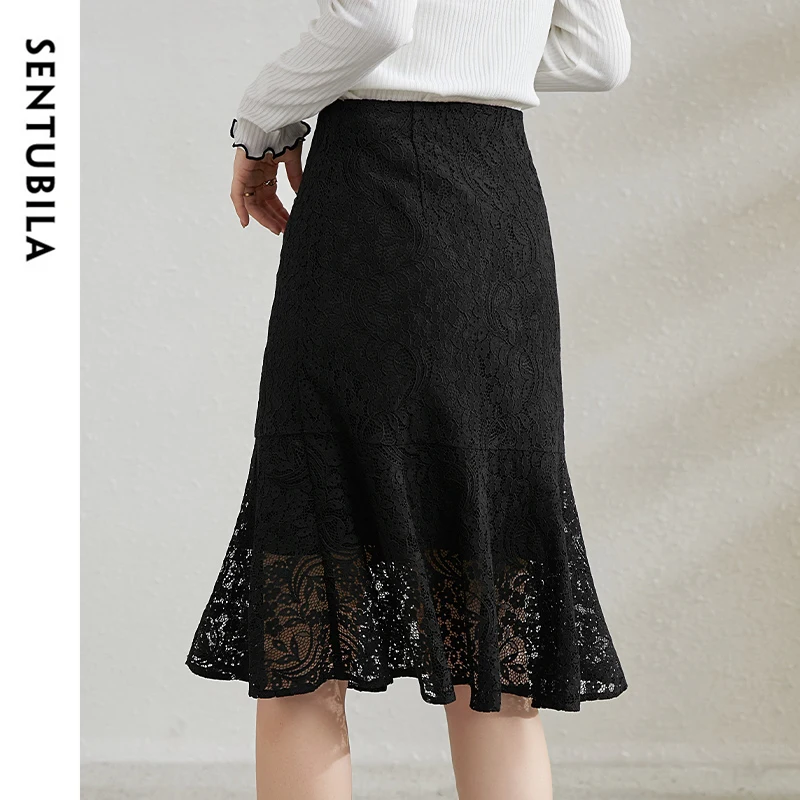 SENTUBILA Cotton Mermaid Skirt For Women 2024 Autumn Elegant A-line Knee-length Lace Black Skirt Women Clothing 141Q56065C