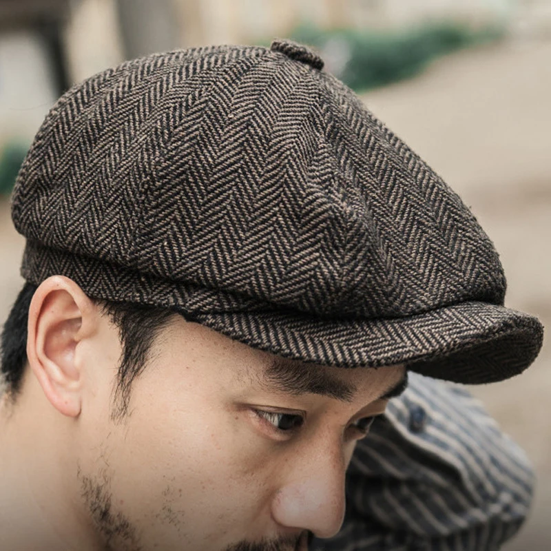 Vintage Autumn Newsboy Hats Men Retro Wild British Brim Caps Street Peaked Octagonal Berets Hats Unisex Casual Striped Flat Caps