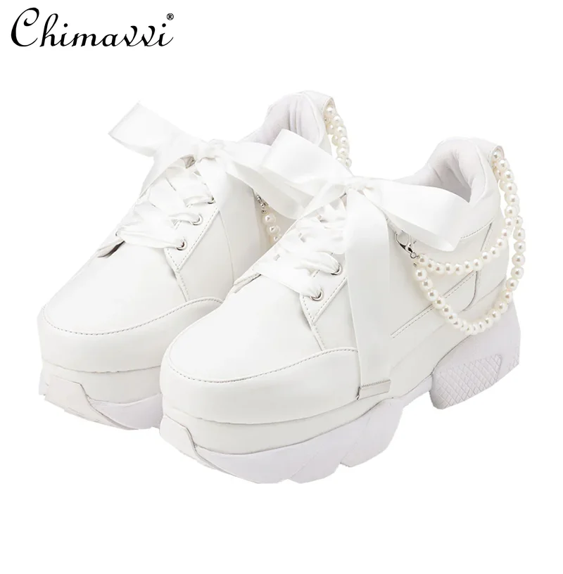 Japanese Style Mine Vintage Pearl Chain Thick Platform Shoes Lolita Casual Women\'s Sneaker Sport Shoes Autumn Winter High Heels