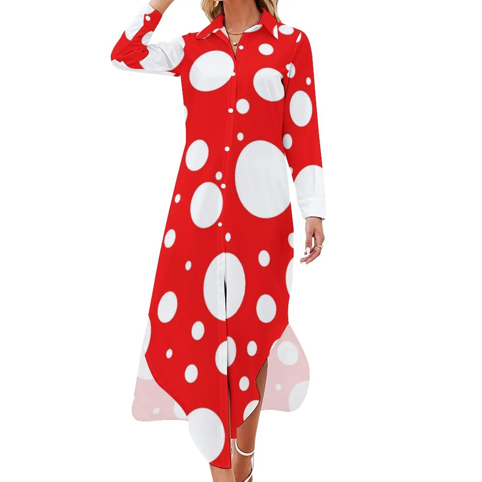 

Red White Polka Dot Casual Dress Kusama Yayoi Inspired Aesthetic Dresses Long Sleeve Pretty V Neck Print Big Size Chiffon Dress