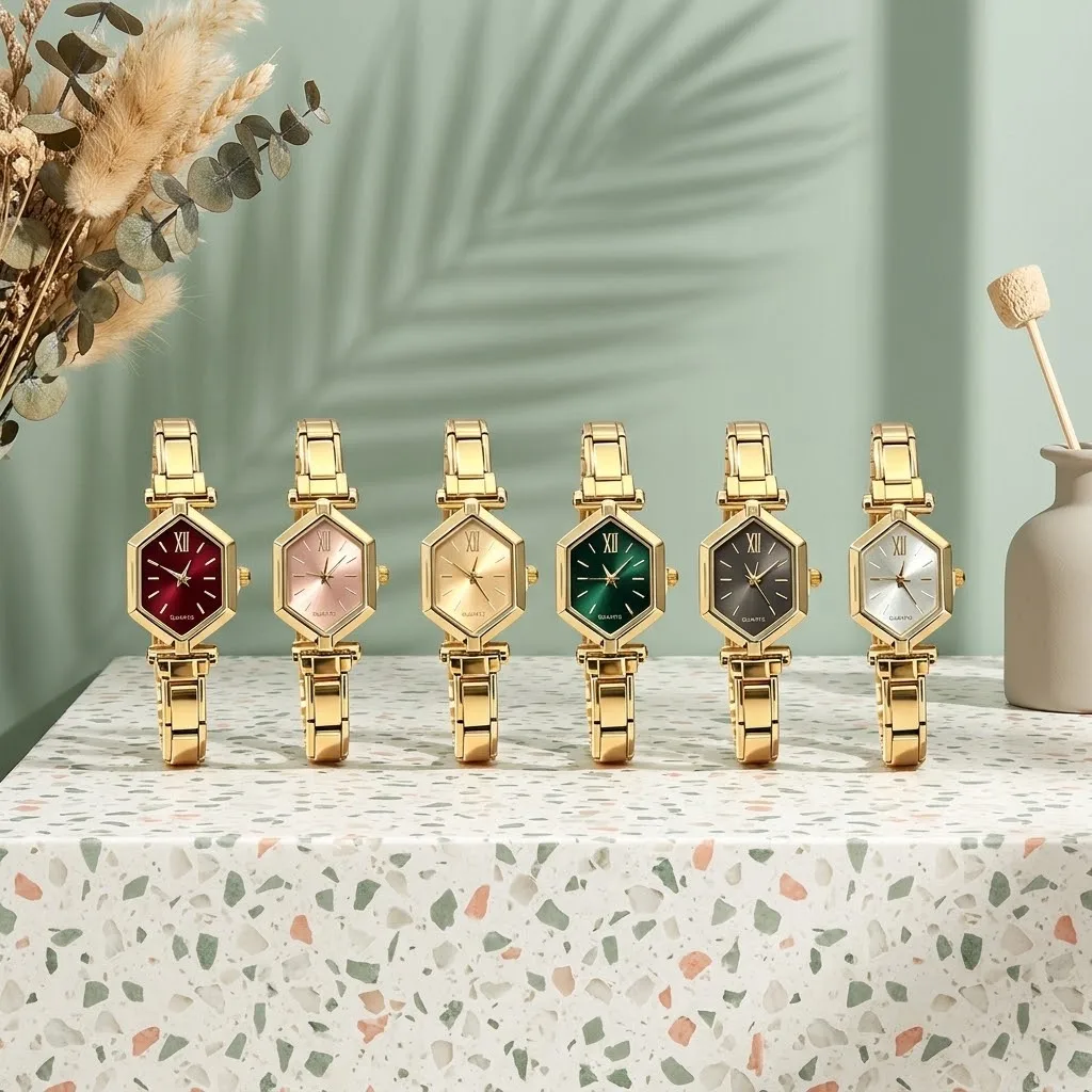 Hexagonal Women Quartz Italian Charm Watch Sunburst Dial Golden Stainless Steel Band Roman Numeral Analog Ladies Wristwatch Gift