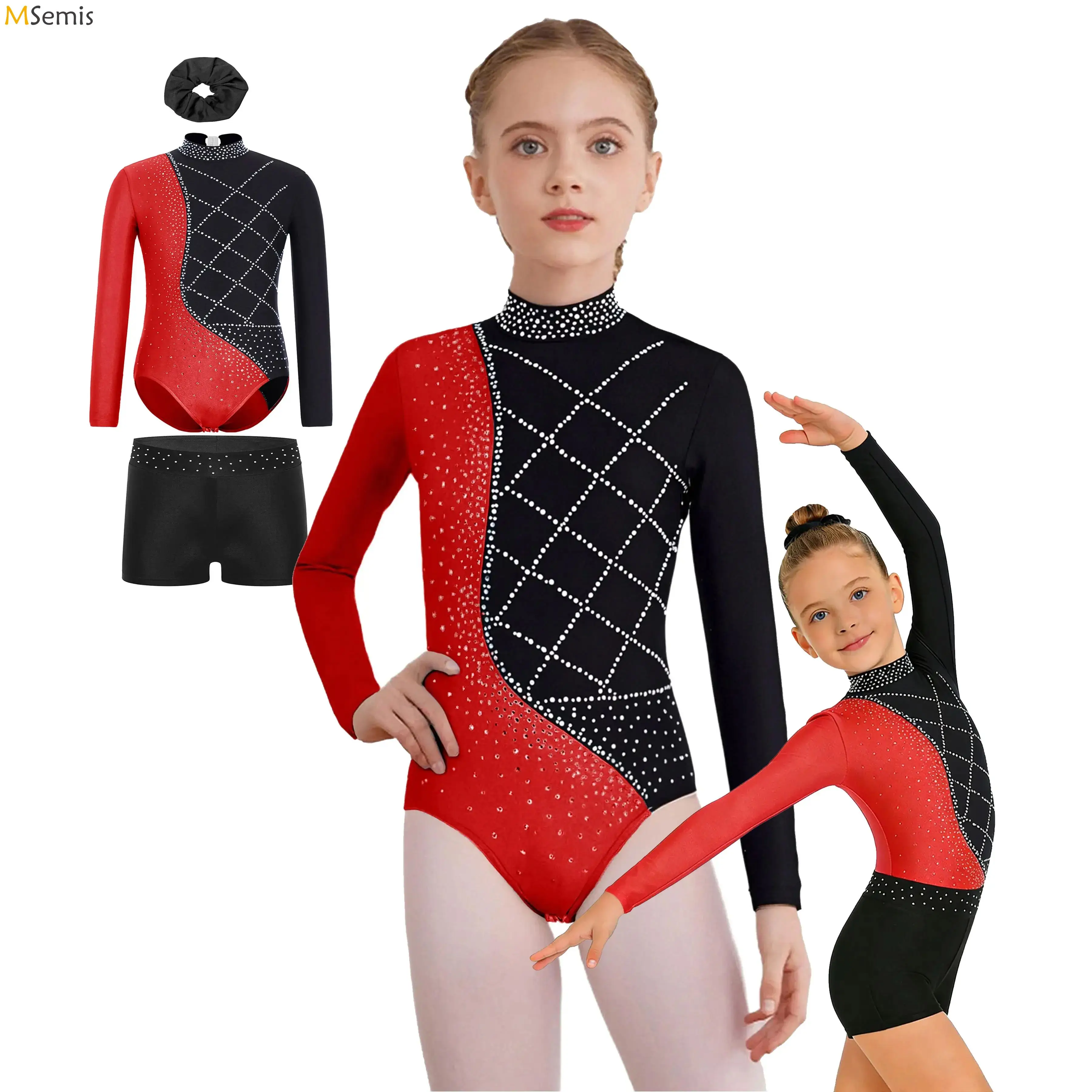 Maillots de Gimnasia Rítmica para Niñas, Traje de Baile con Pedrería, Mono Metálico en Contraste, Ropa de Baile para Ballet y Patinaje Artístico