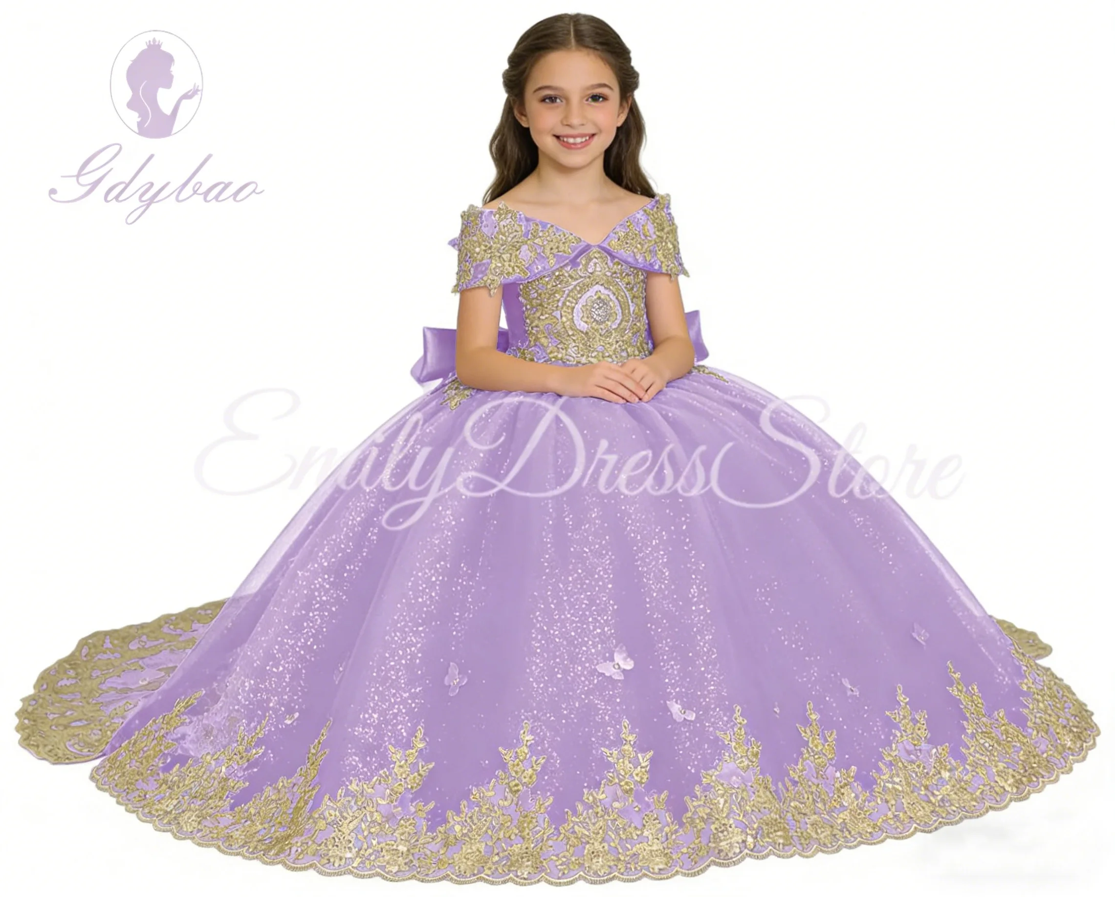 

Индивидуальное платье для девочки с цветочным узором сиреневого цвета для свадьбы, с кружевной золотой аппликацией, элегантным бантом, пышное, для дня рождения, первого причастия