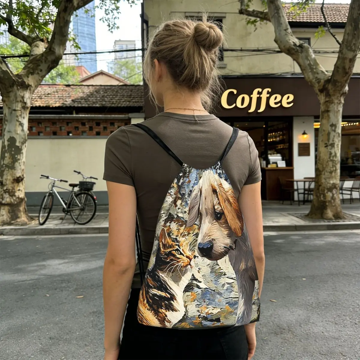 Adorable Dog Puppy And Kitten Friends Backpacks Multi-function Drawstring Bags Storage Bag Book Bags for Travel Students