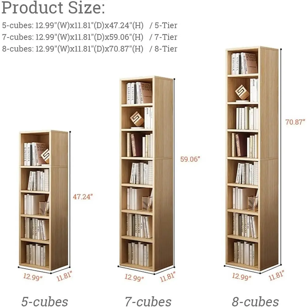 Slim 71 Tall White Bookcase with Adjustable Shelves, Door, and Open Cube Storage