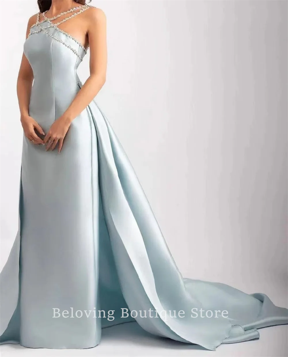 

Luxury 2024 Blue Mermaid Evening Dresses Formal Occasion Dress Robes De Soiree Beading Halter Celebrity Party Dress For Weddings