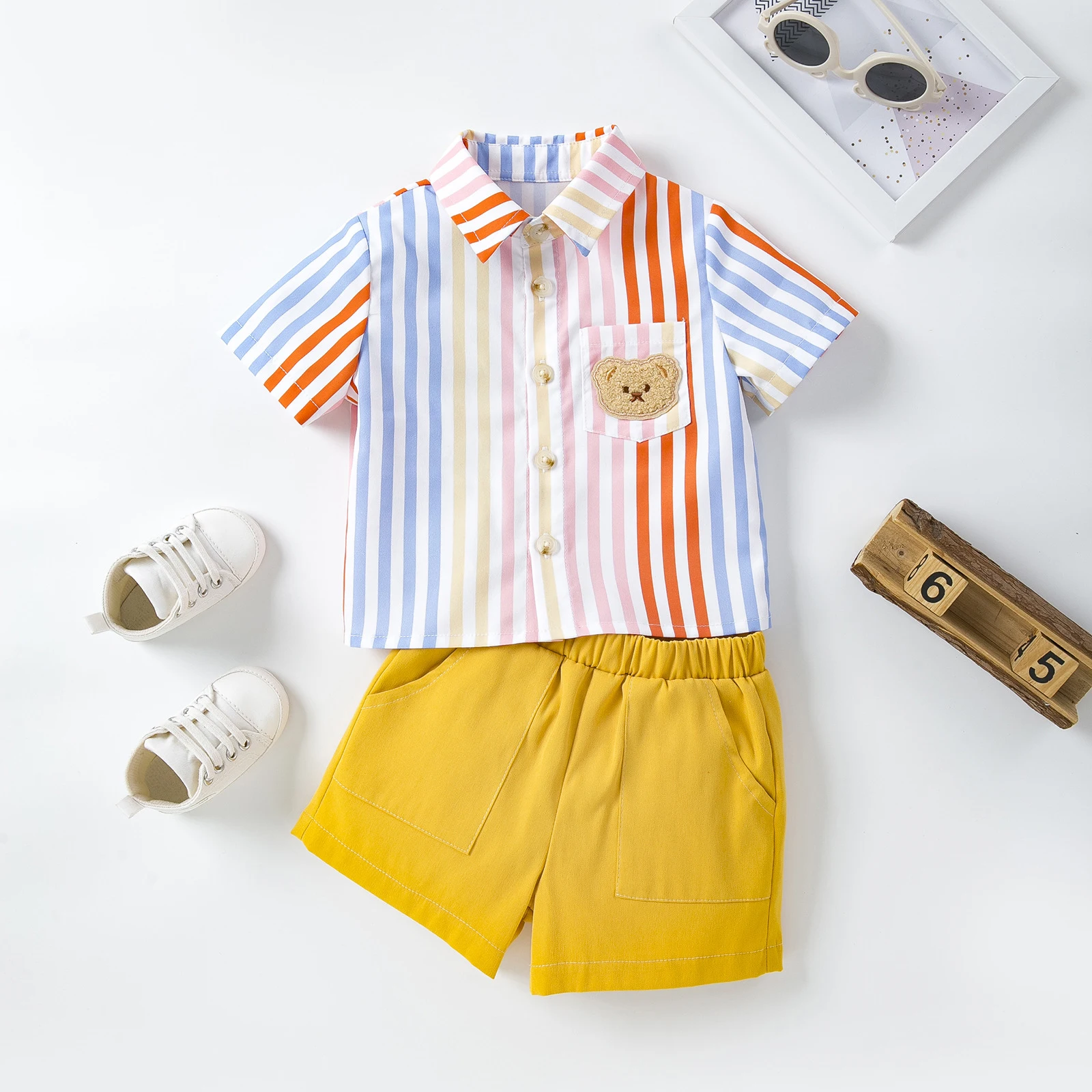 

Toddler Boys Summer Shorts Sets Short Sleeve Lapel Button Striped Tops and Solid Color Shorts Baby Clothing