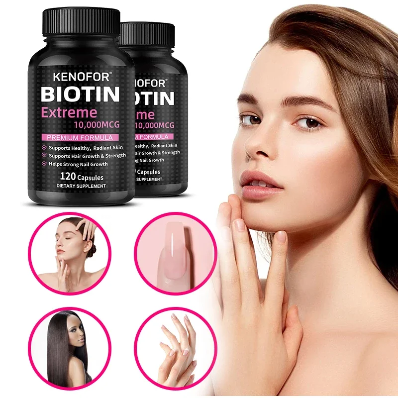 Biotin 10,000MCG Extra Strength 120 Vegetarian Capsules, Biotin Capsules for Healthy Skin, Hair and Nails for Men and Women