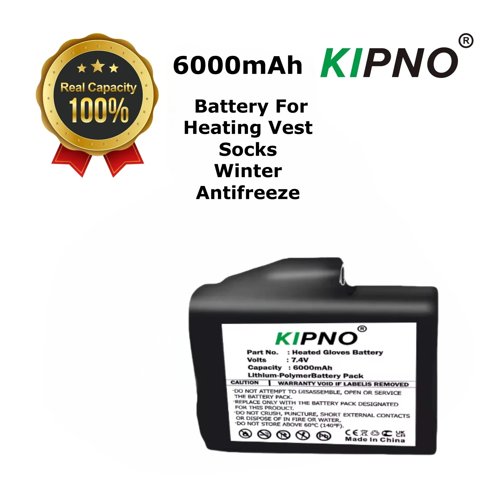 Heated Gloves Battery 7.4V 6000mah Polymer Lithium Battery for Heating Vest, Socks, Winter Antifreeze Heating Battery 755060-2S