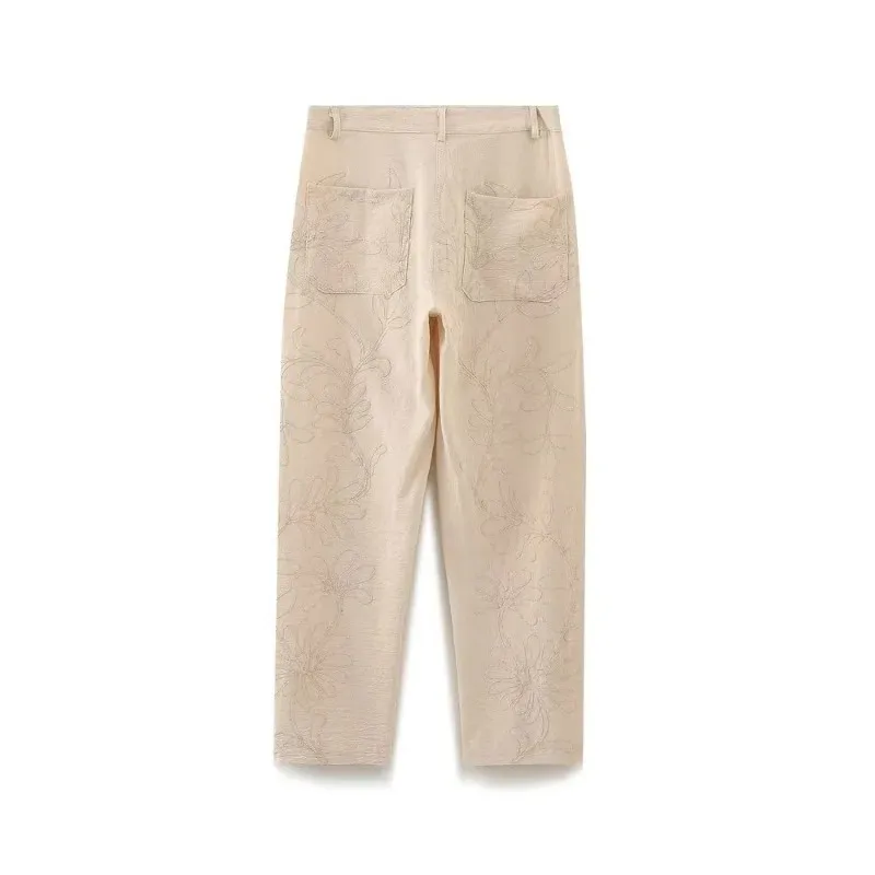 TRAF ZR Beige Pants Summer Pants Woman 2024 Korean Popular Y2k Embroidery Trousers Minimalist New in Trousers and Pants