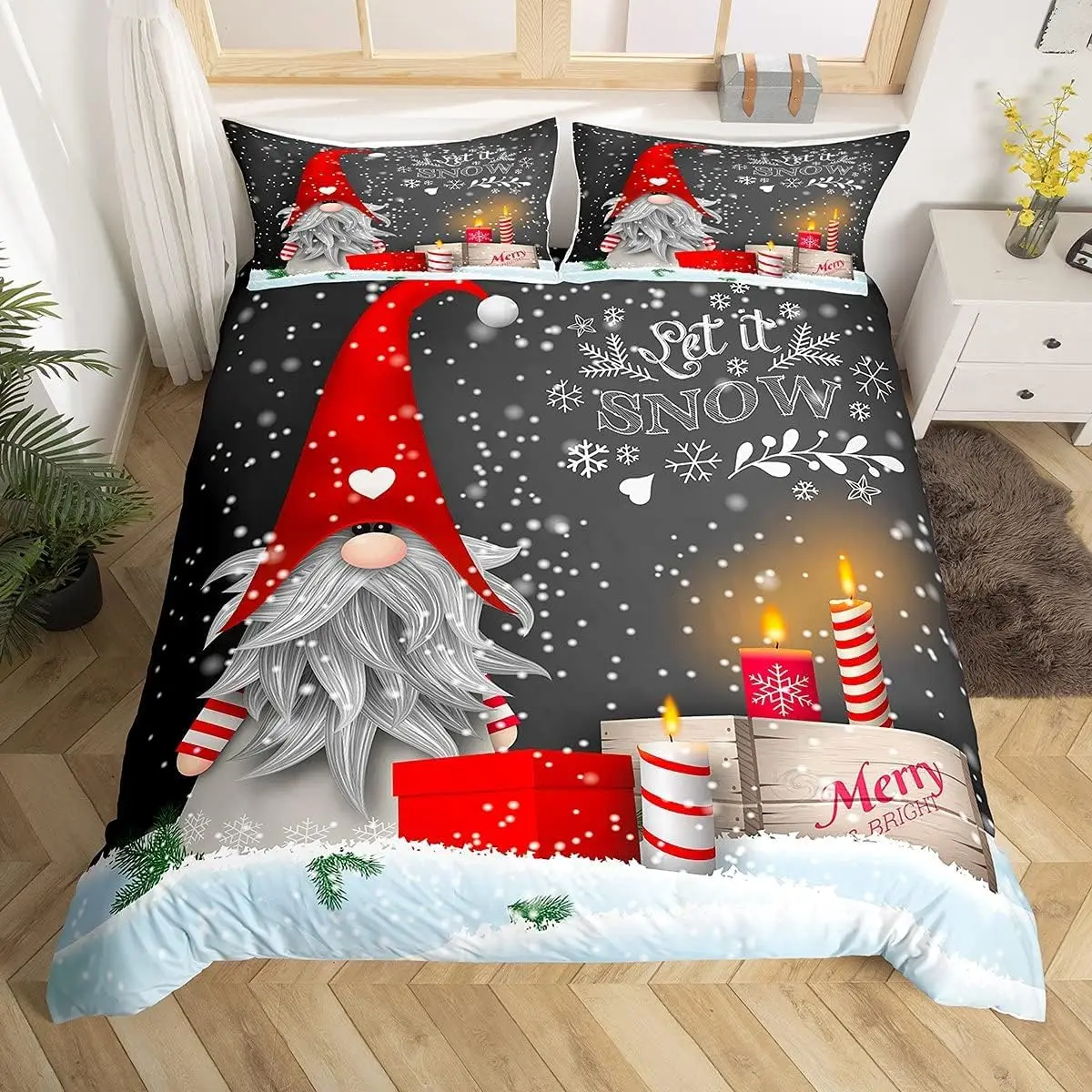 Merry Christmas Bedding Sets Christmas Santa Gnomes Comforter Cover Snowing Santa Claus Bedding Sets for Kids Boys Girls Decor