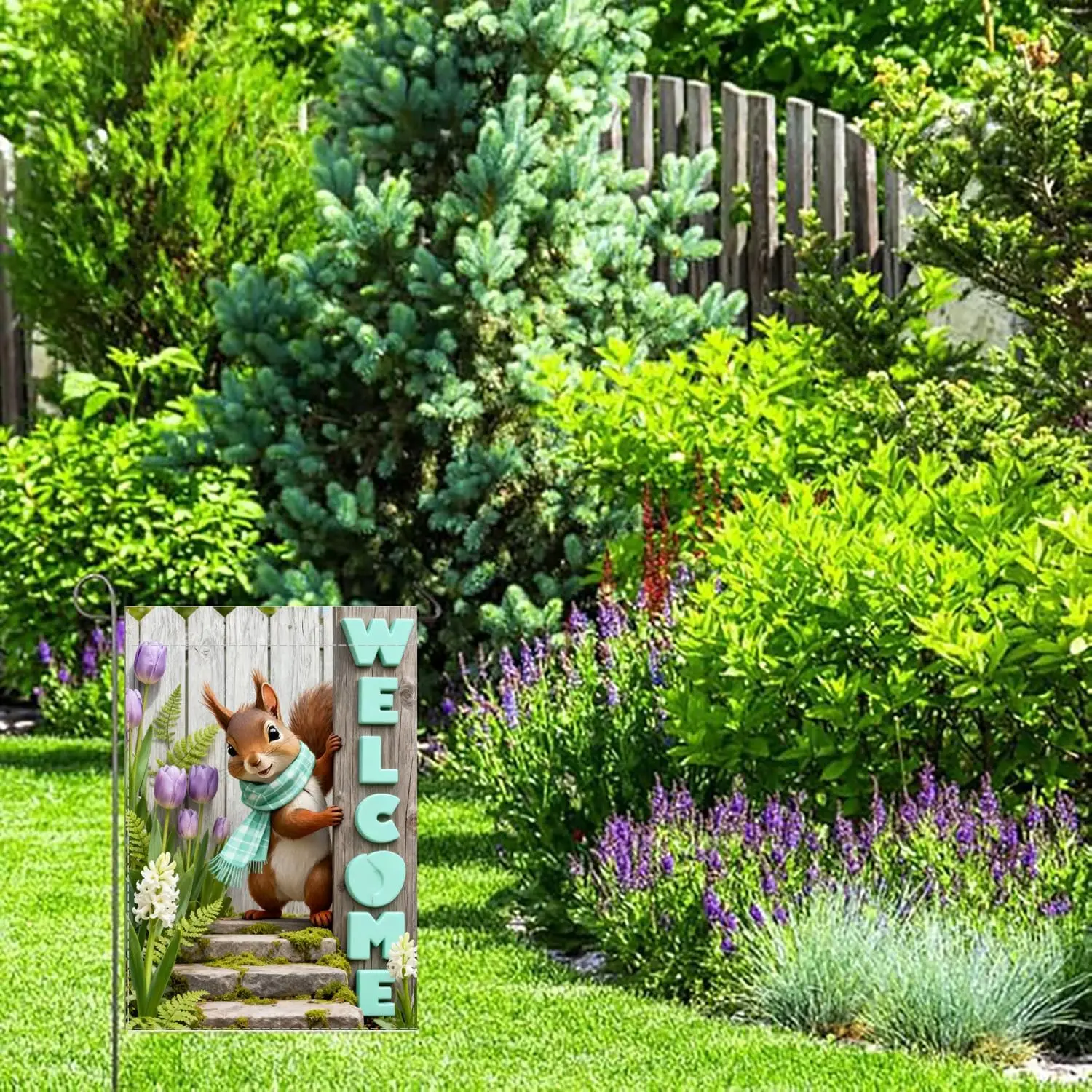Spring Garden Welcome Flag with 12x18 inch ，Squirrel Design, Decorative Outdoor Double-Sided Banner with Purple Tulips and M ZZM