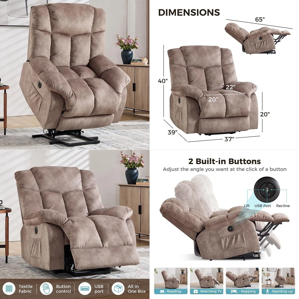 

Power Lift Recliner Chair for Elderly with Vibration Massage and Lumbar Heating Electric Oversized Single Sofa with Cup Holder