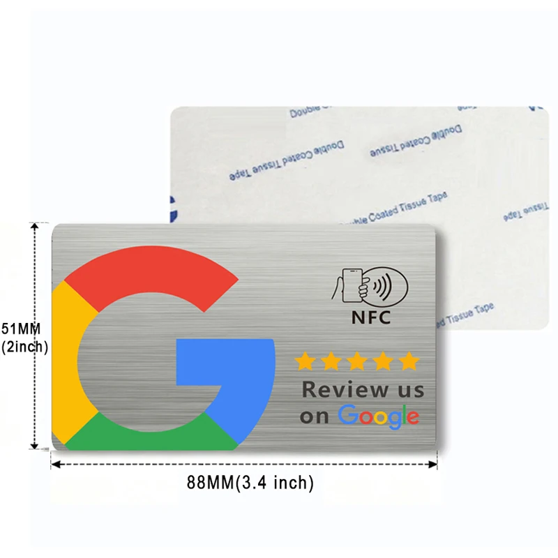 Menu Google Review Instagram WhatsApp NFC Card Silver Brushed Effect Ahesive on the Back